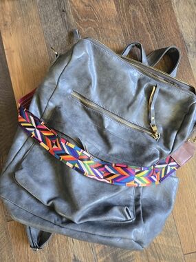Brielle Backpack, Gray Women's Backpack with Colorful Geometric Strap